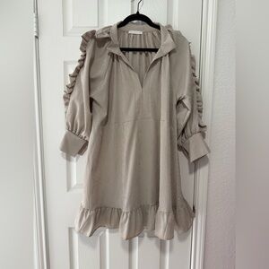 KARLIE BEIGE GINGHAM SEERSUCKER RUFFLE MINI DRESS SIZE MEDIUM